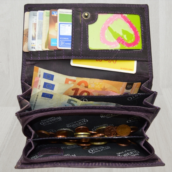 Großes Hübsches Portemonnaie Damen Wild Leder Geldbeutel mit 21 Kartenfächern mit RFID Schutz Lila
